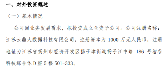 鼎集智能投資千萬成立江蘇云鼎大數據科技，布局第一類增值電信業務